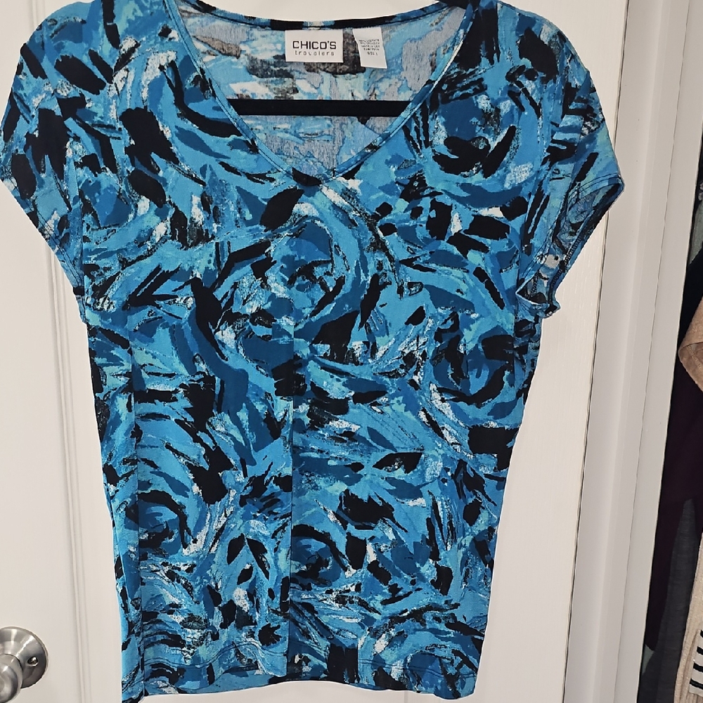 Chico's V-Neck Blue and Black Swirl Top